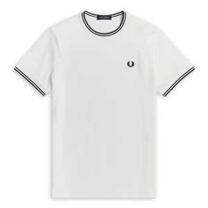 T-Shirt Fred Perry  Collo Rigato Bianco Uomo